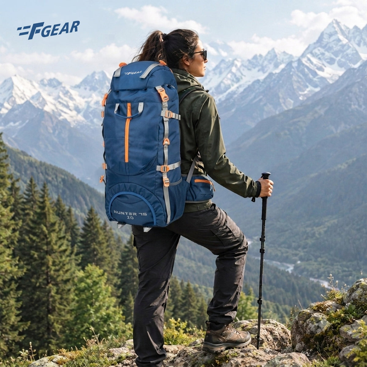 F Gear Hunter 75 2.0 Mettale Blue 75L Rucksack Trekking Backpack with Inbuilt Rain Cover