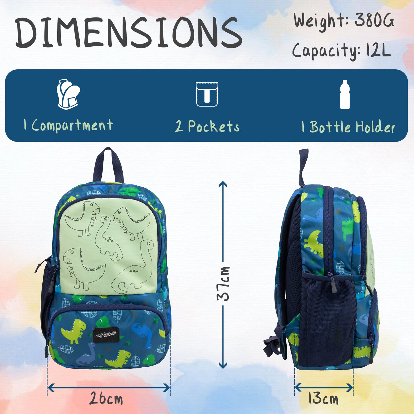 Colour Buddy 12L Navy Blue Dino Backpack