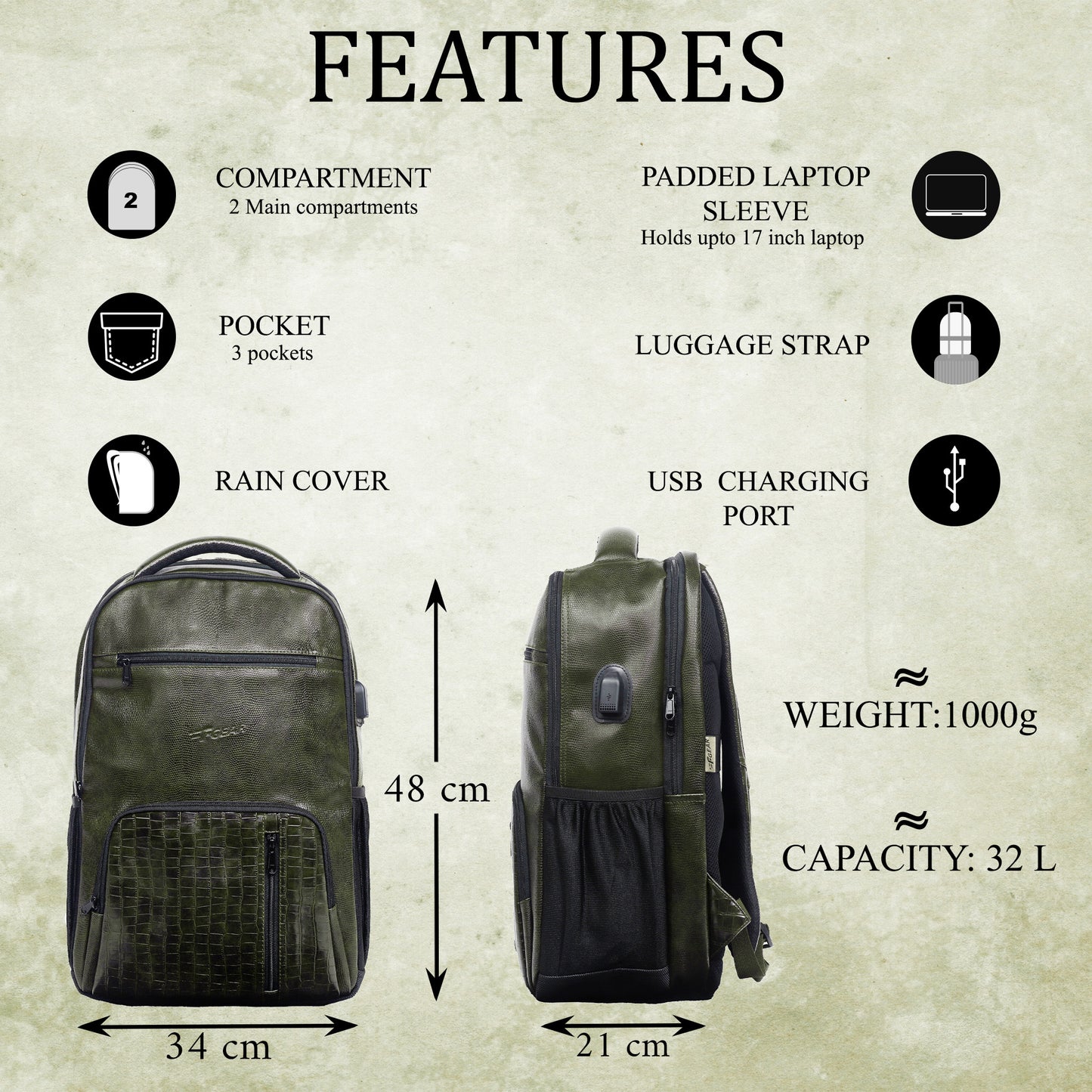 Tambour 32L Faux Leather Green Laptop Backpack