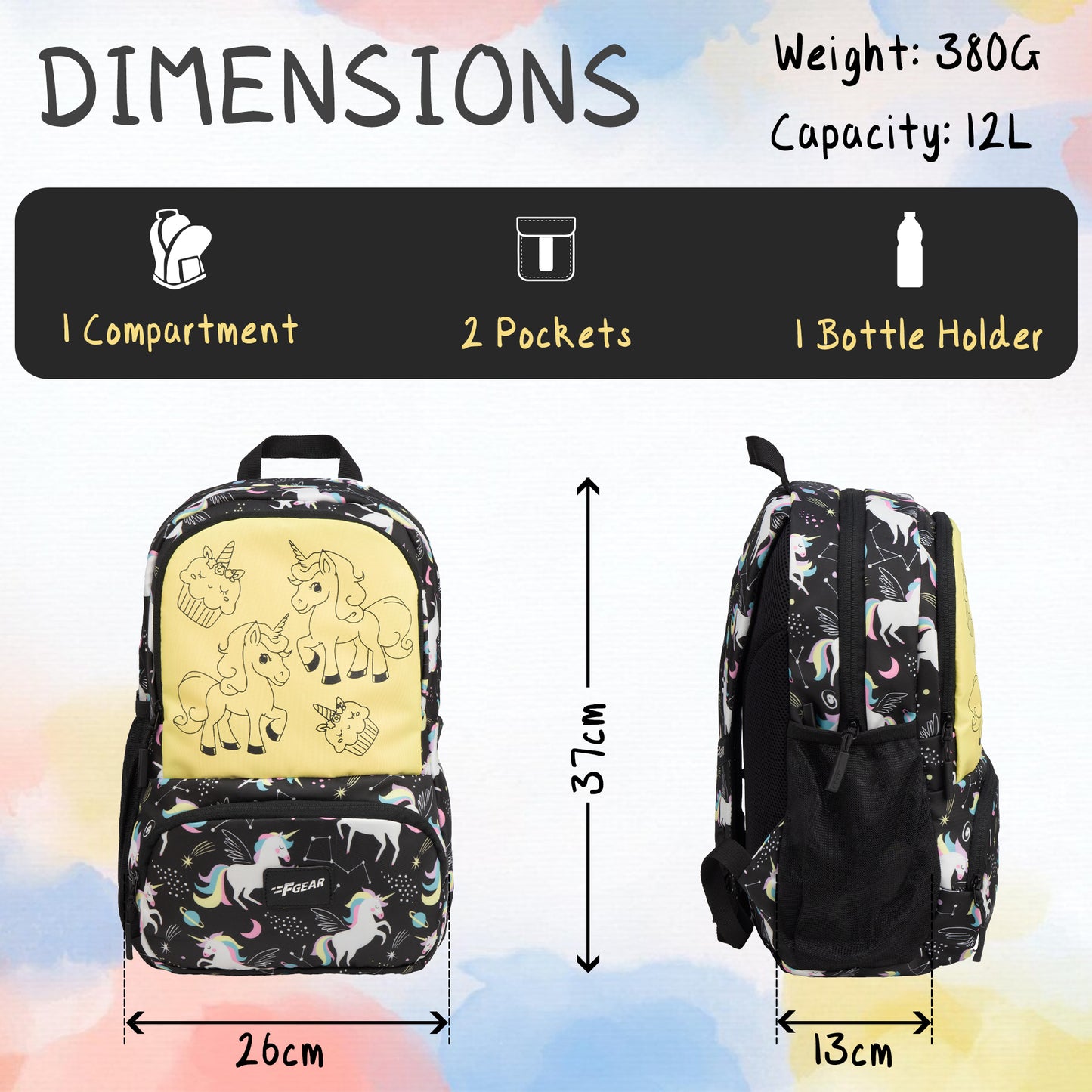 Colour Buddy 12L Black Unicorn Backpack