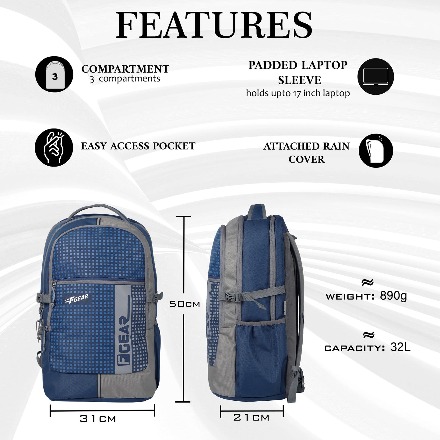 Blow Navy Blue Grey 32L Backpack With Rain Cover