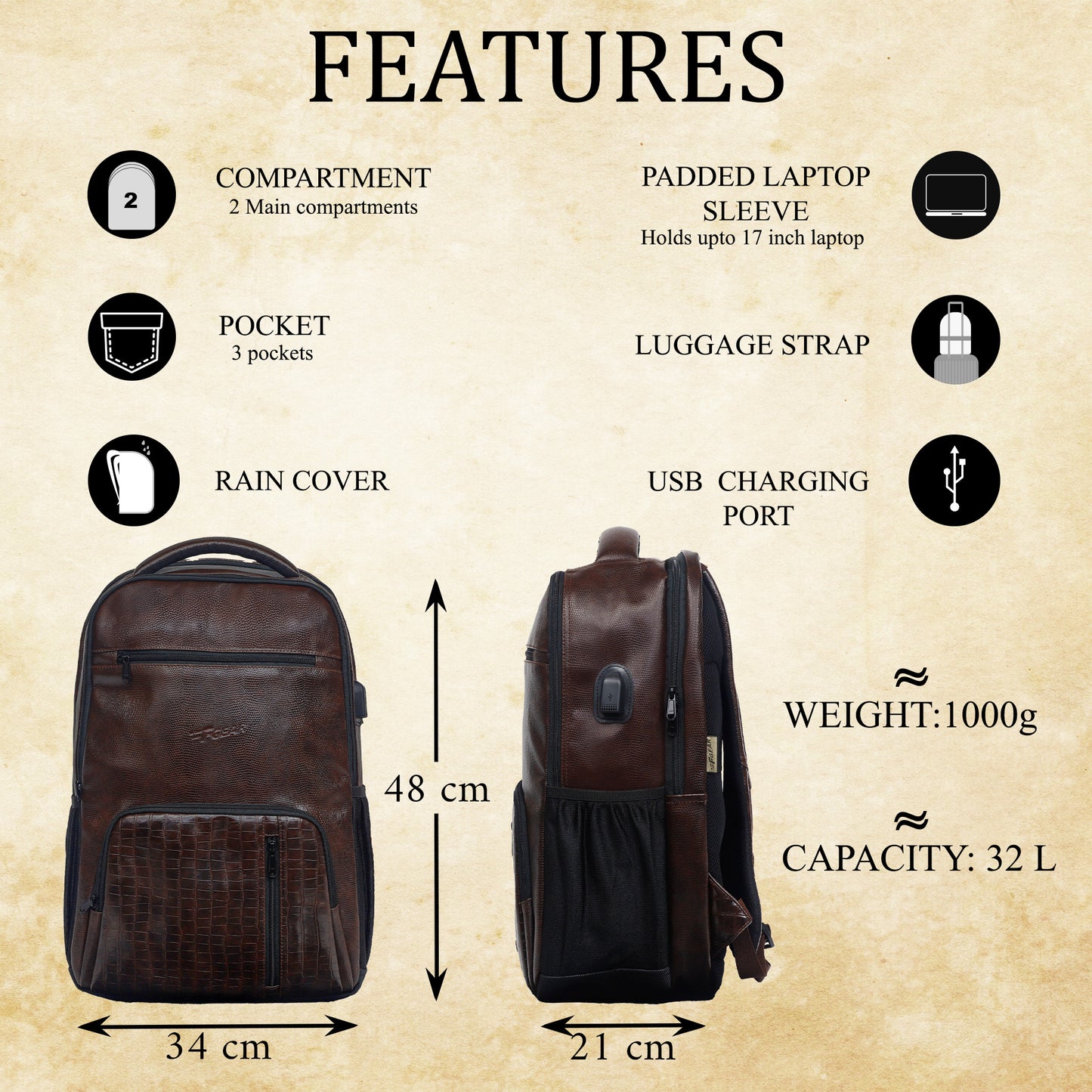 Tambour 32L Faux Leather Brown Laptop Backpack with raincover