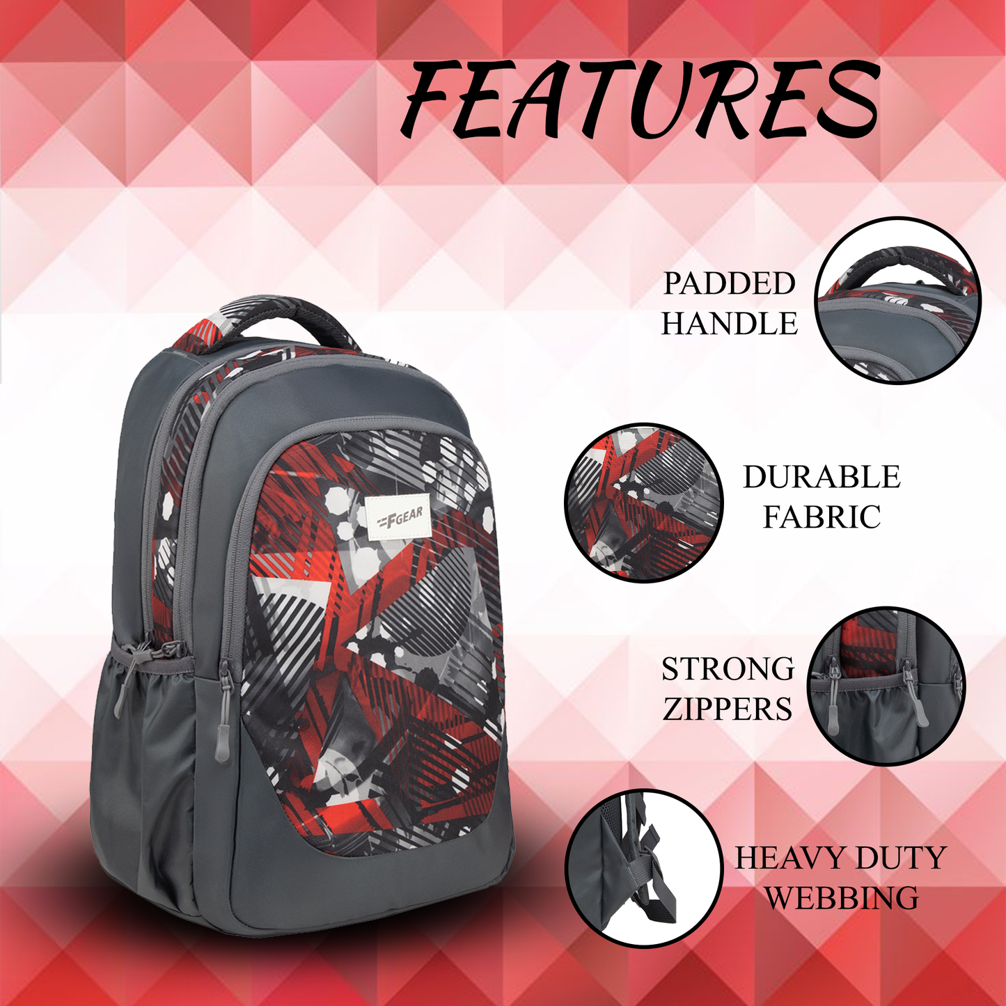 Panya 21L Grey Geometric Black Red Backpack