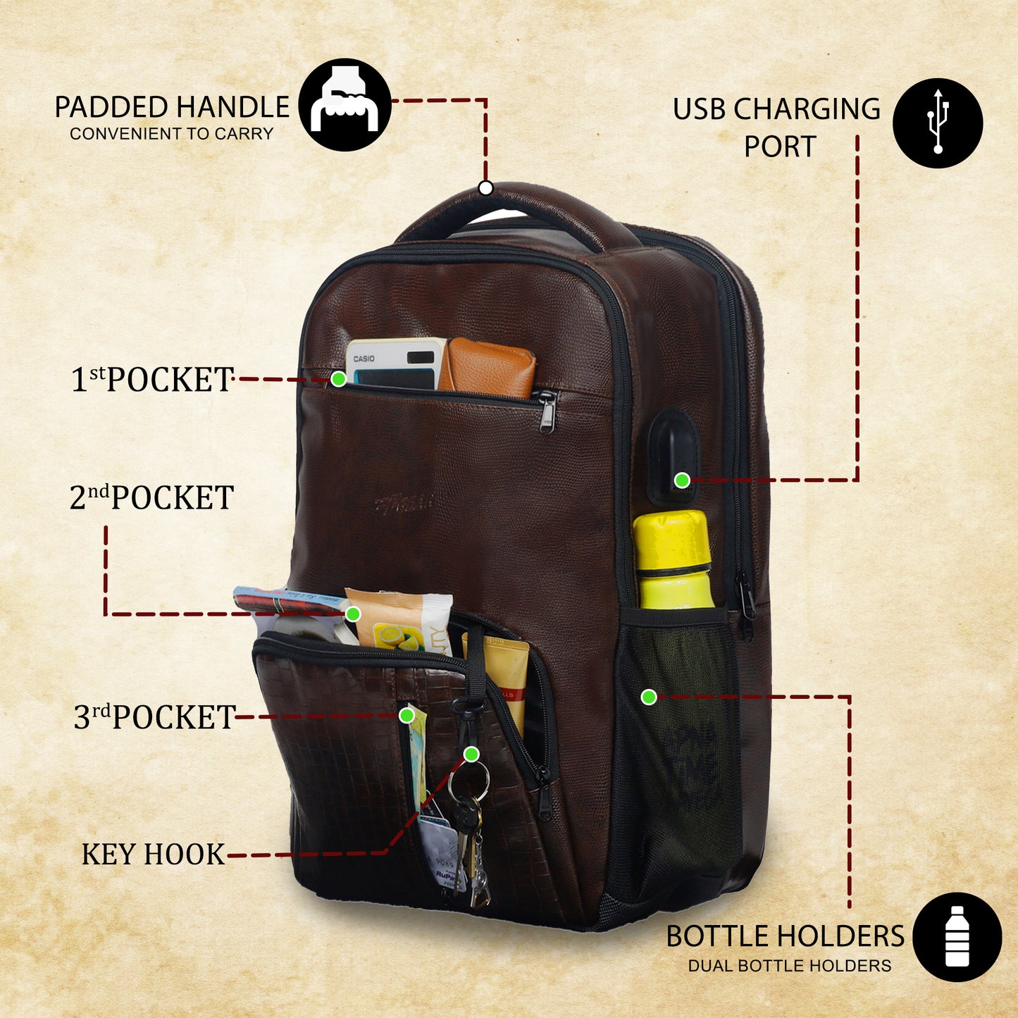 Tambour 32L Faux Leather Brown Laptop Backpack with raincover