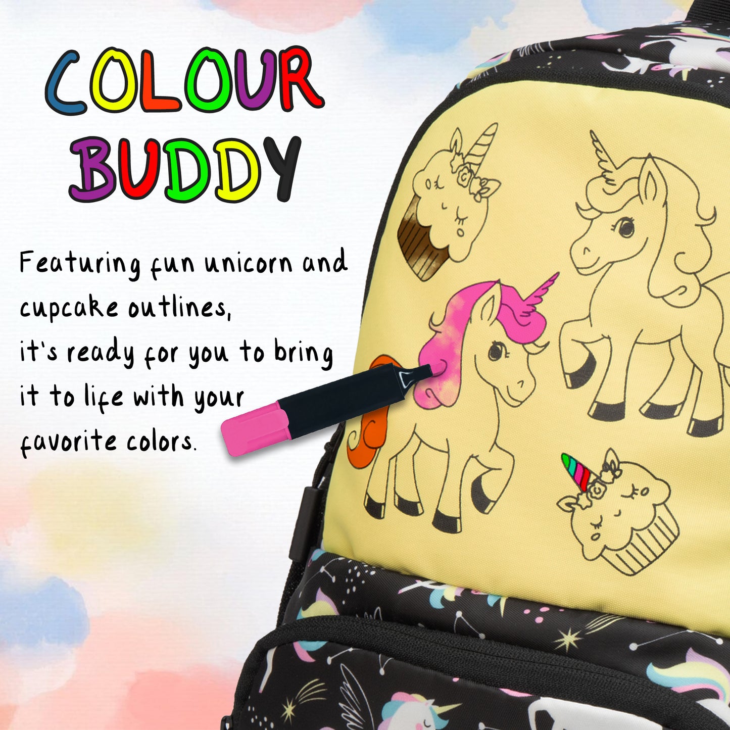 Colour Buddy 12L Black Unicorn Backpack