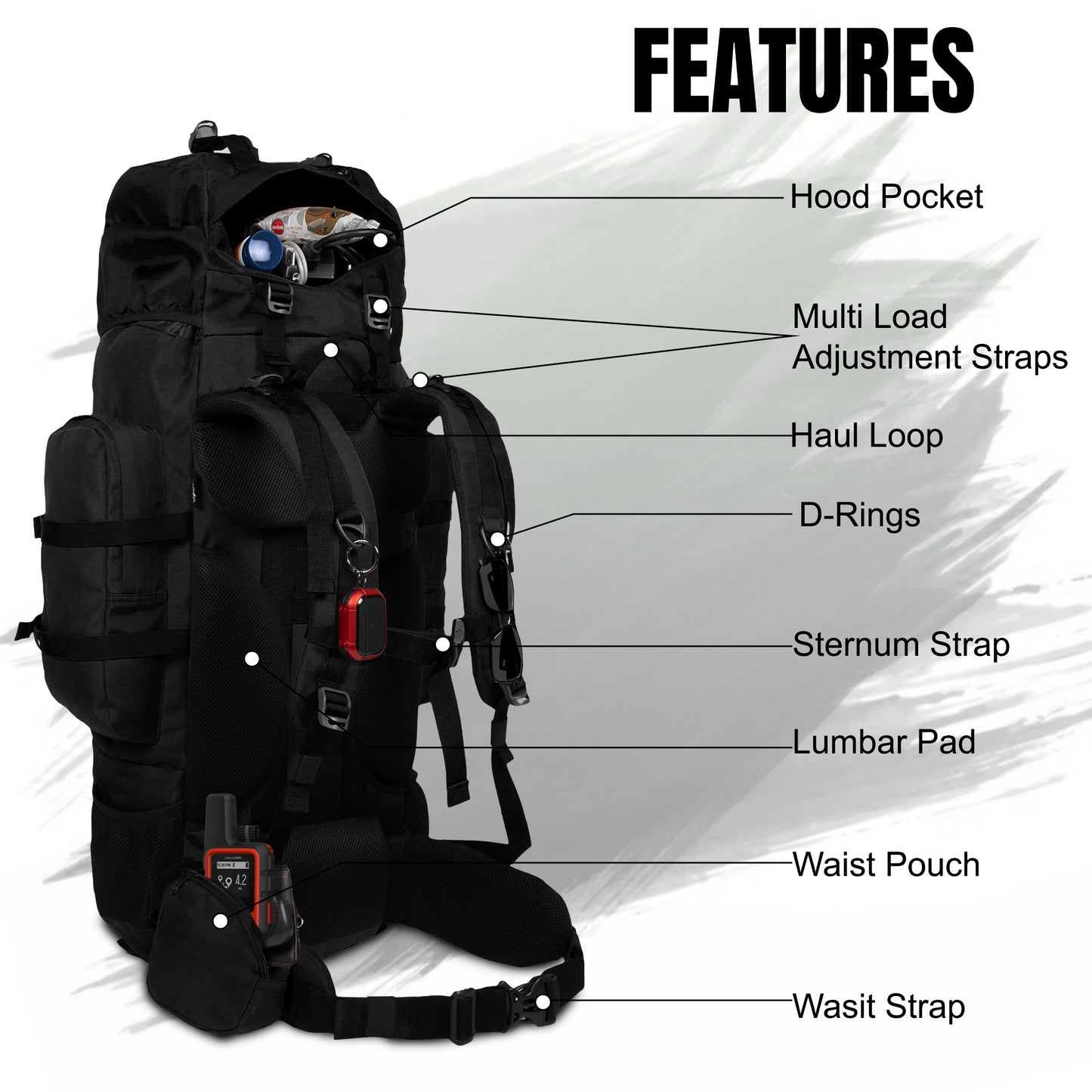 Levante 87L Black Rucksack with Detachable Daypack