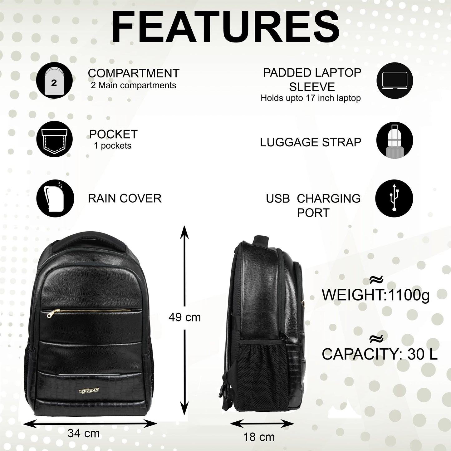 Zurich 30L Black Vegan Leather USB Laptop Backpack with Raincover