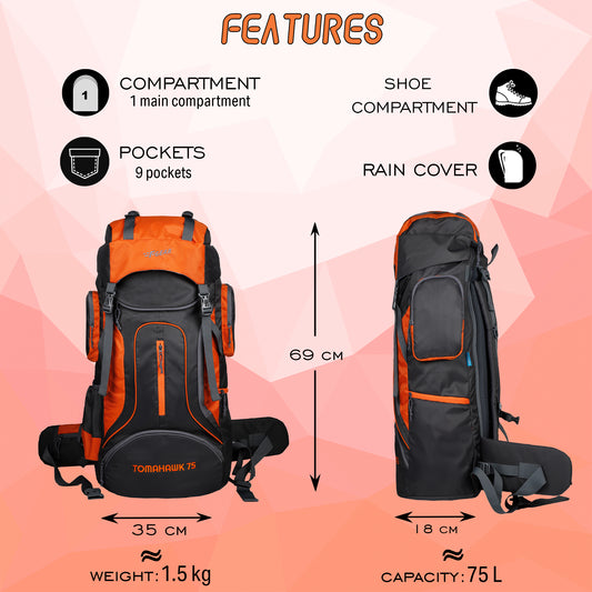 Tomahawk 75L Grey Orange Rucksack with raincover