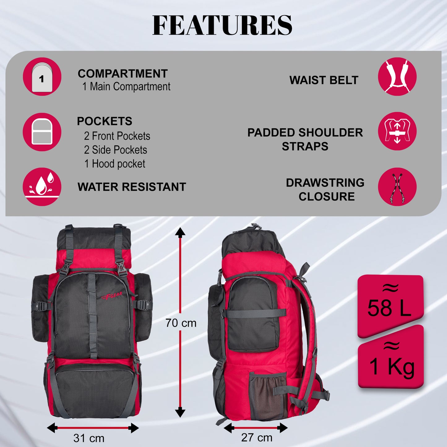 Otto 58L Grey Red Rucksack