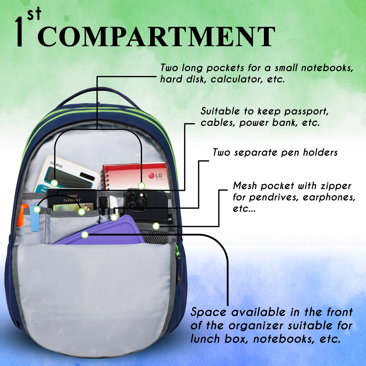 Follow Me 35L Navy Blue Green Backpack