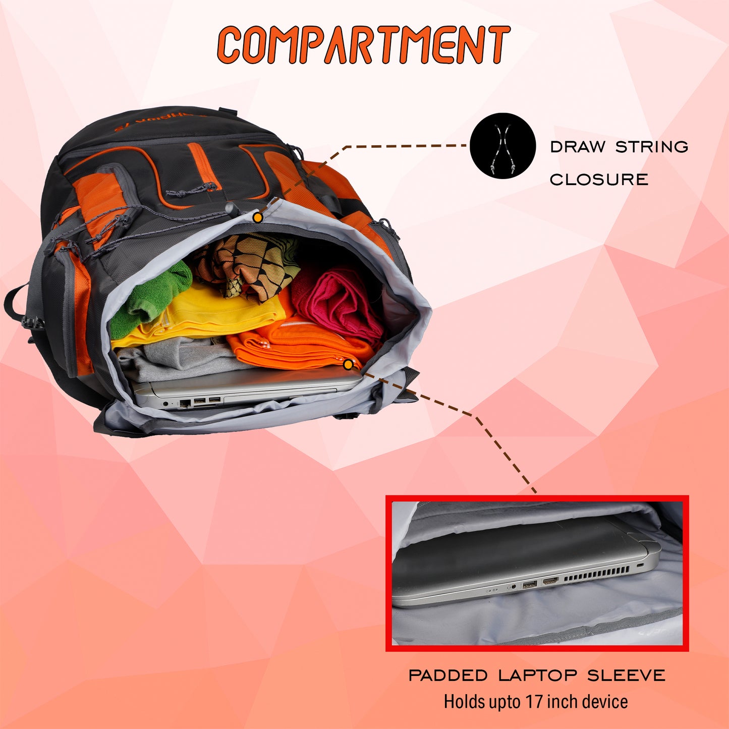 Tomahawk 75L Grey Orange Rucksack with raincover