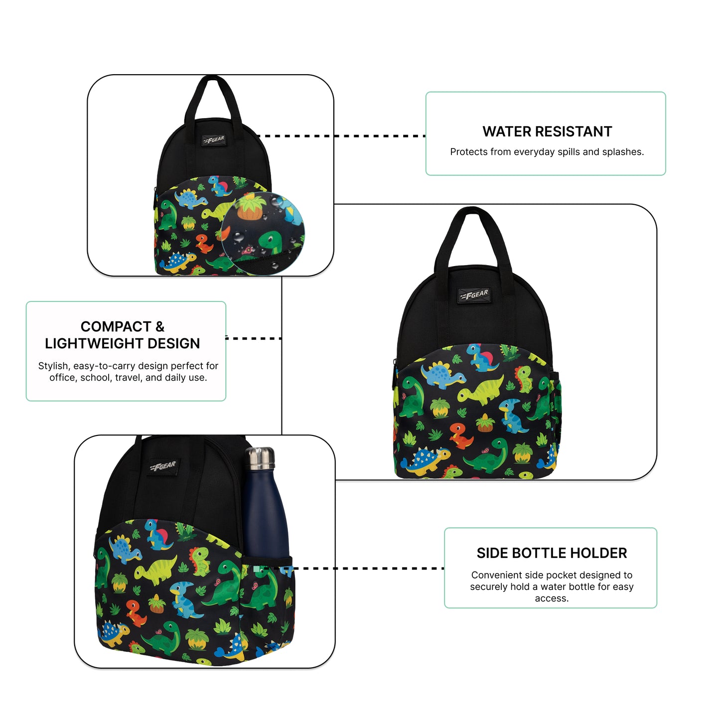 Comida 11L Black Colourful Dino Lunch Bag