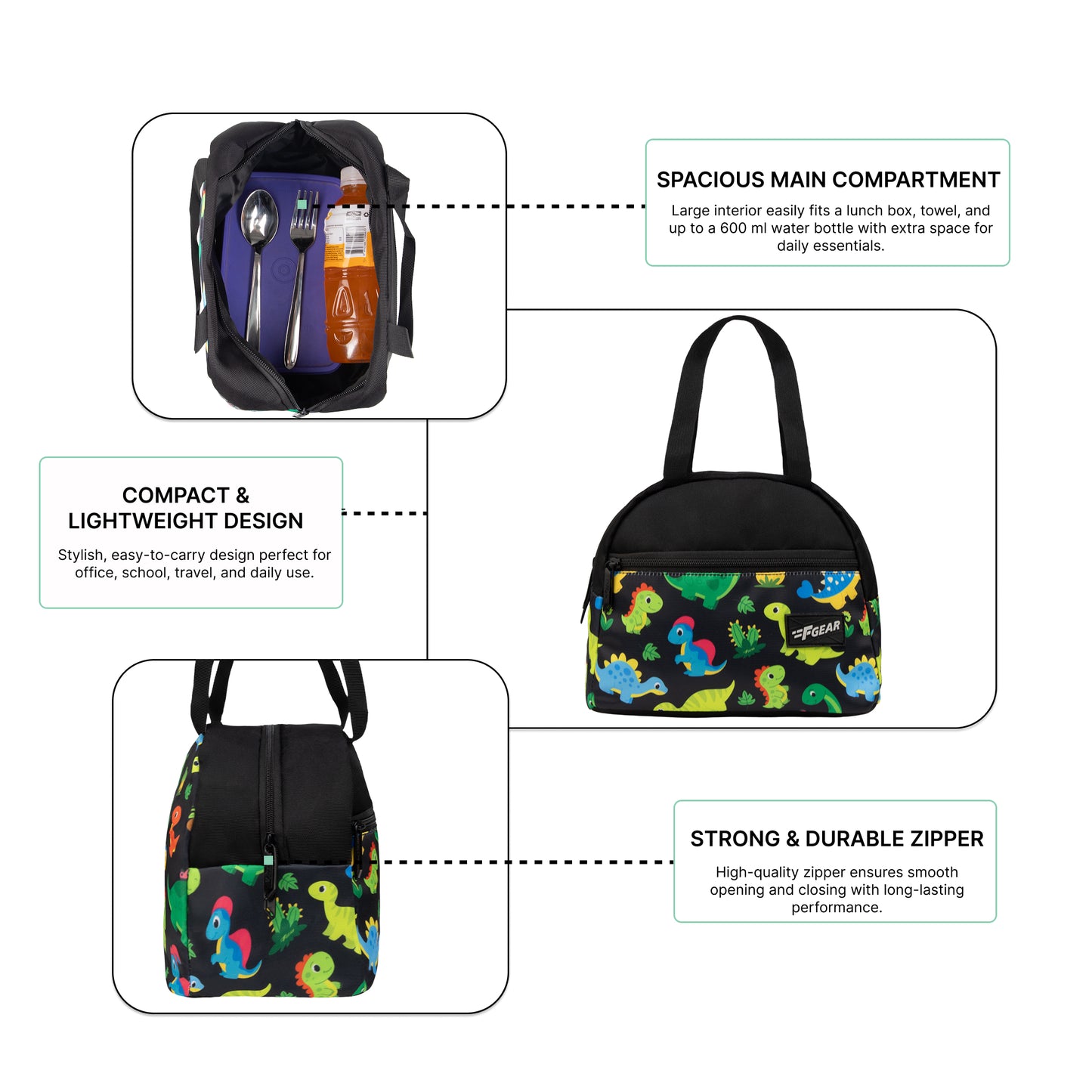 Nugget 7L Black Colourful Dino Lunch Bag