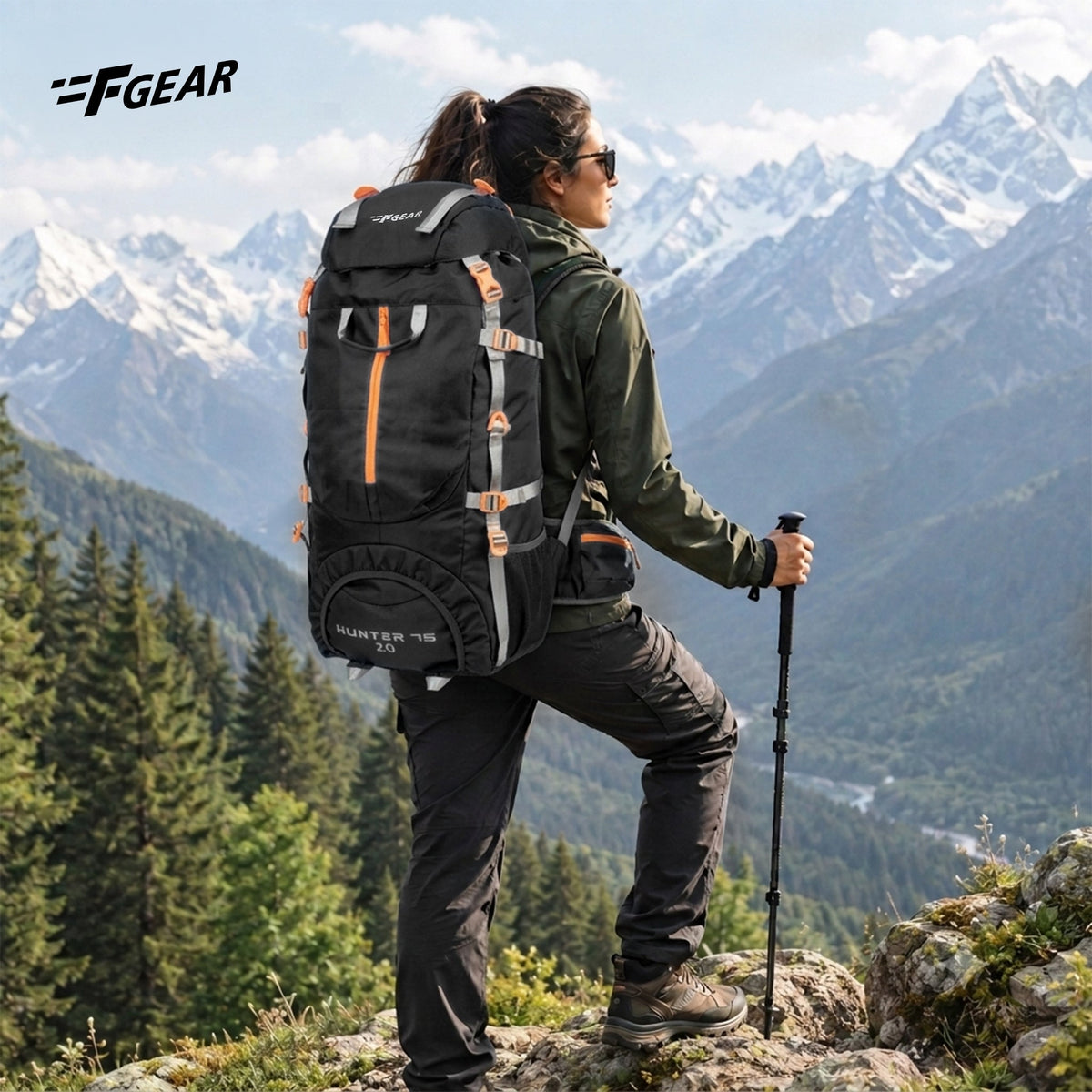 F Gear Hunter 75 2.0 Black 75L Rucksack Trekking Backpack with Inbuilt Rain Cover