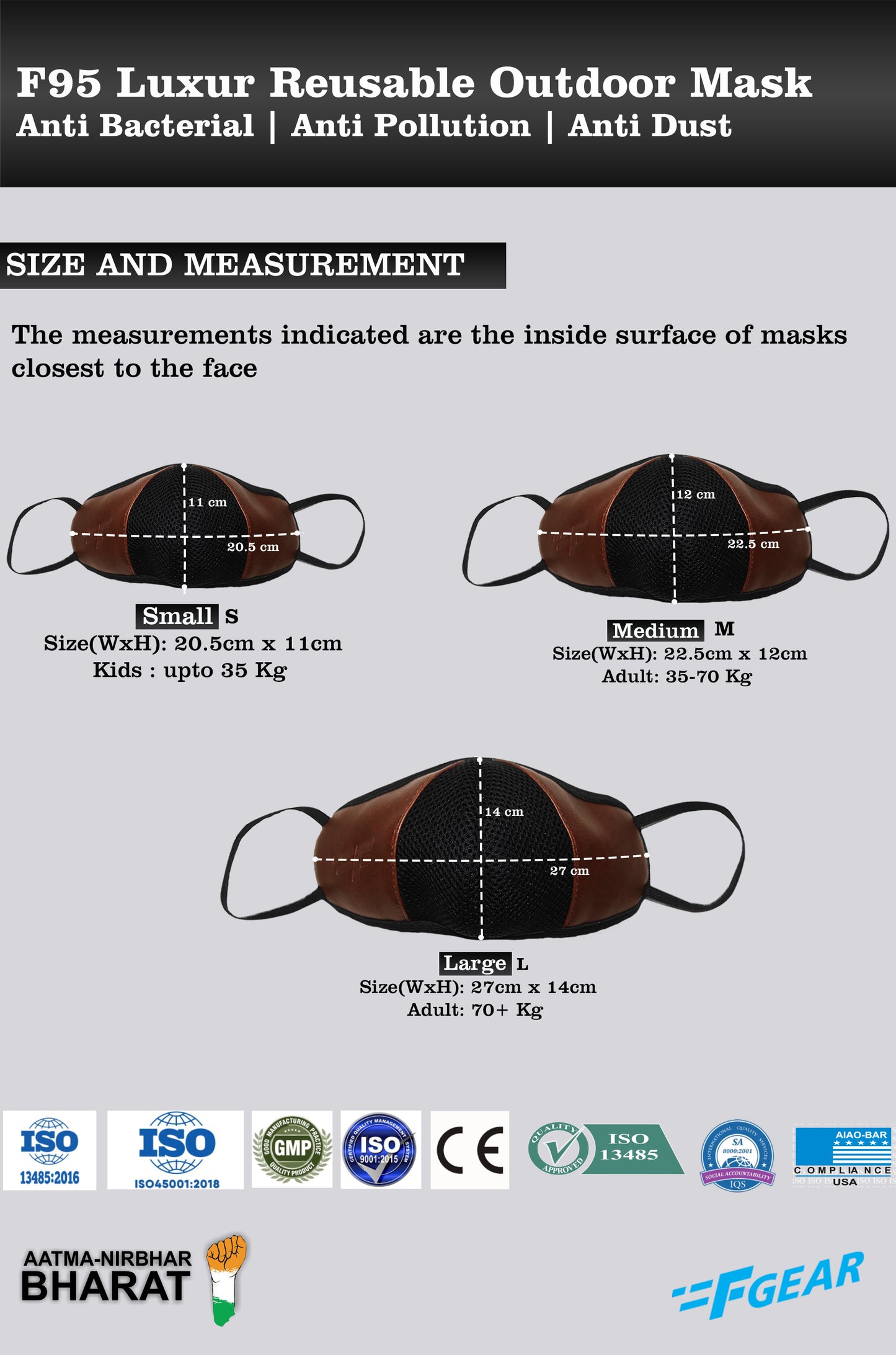 F Gear Luxur F95 Leatherette Mask Black Safeguard 7 layer ISO CE SITRA lab certified >95% Bacteria Filtration