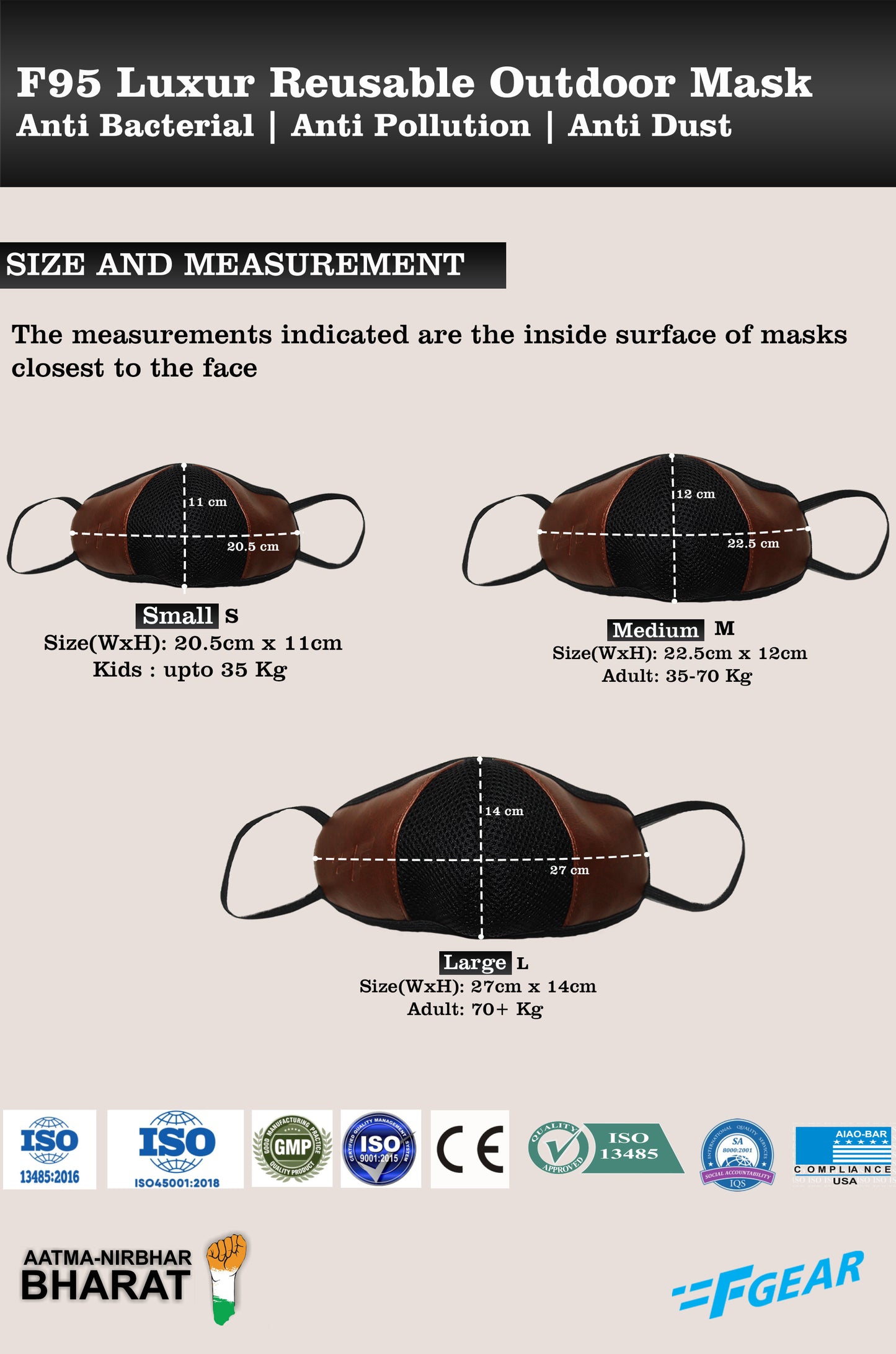 F Gear Luxur F95 Leatherette Mask Brown Safeguard 7 layer ISO CE SITRA lab certified >95% Bacteria Filtration