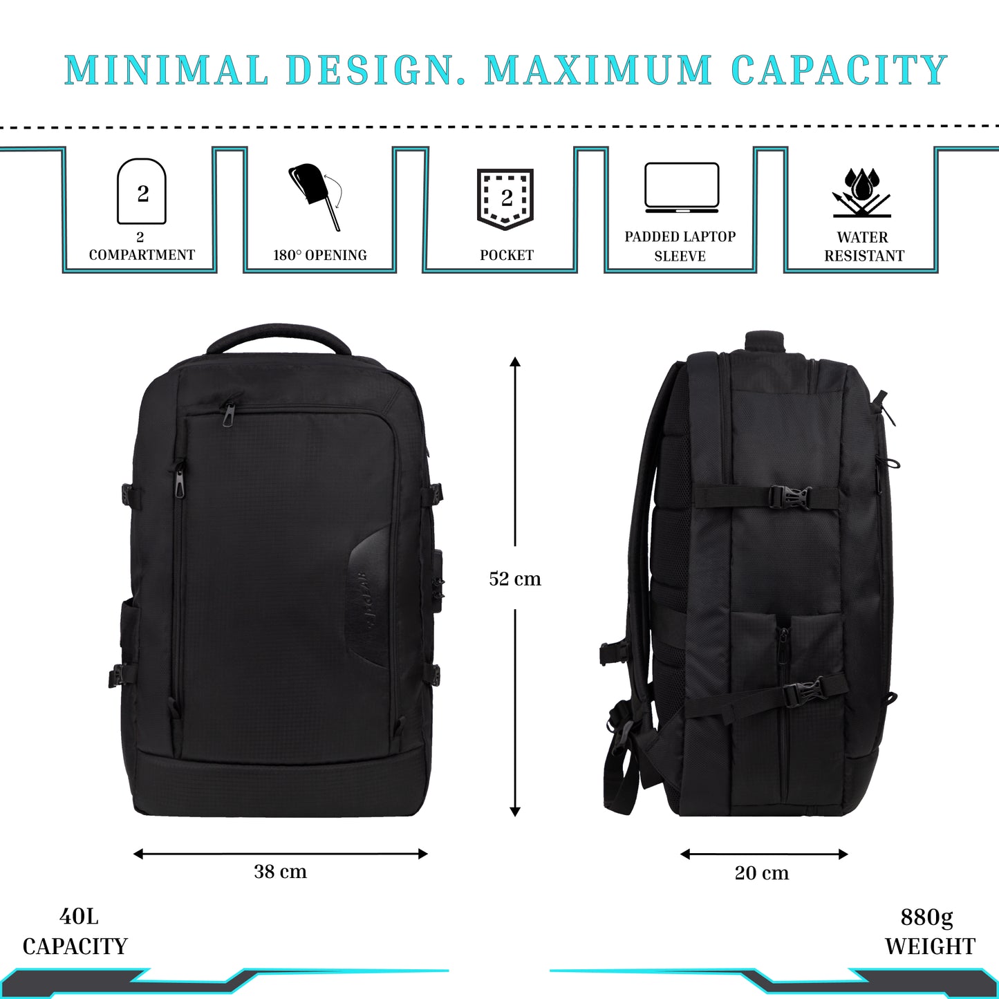 Vetra 40L Black Cabin size Laptop Backpack