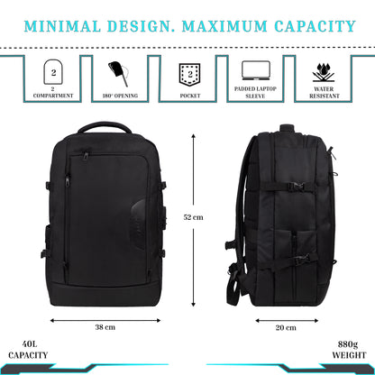 Vetra 40L Black Cabin size Laptop Backpack