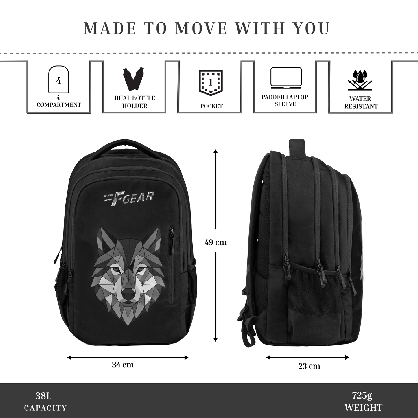 Tobari Black 38L School Backpack