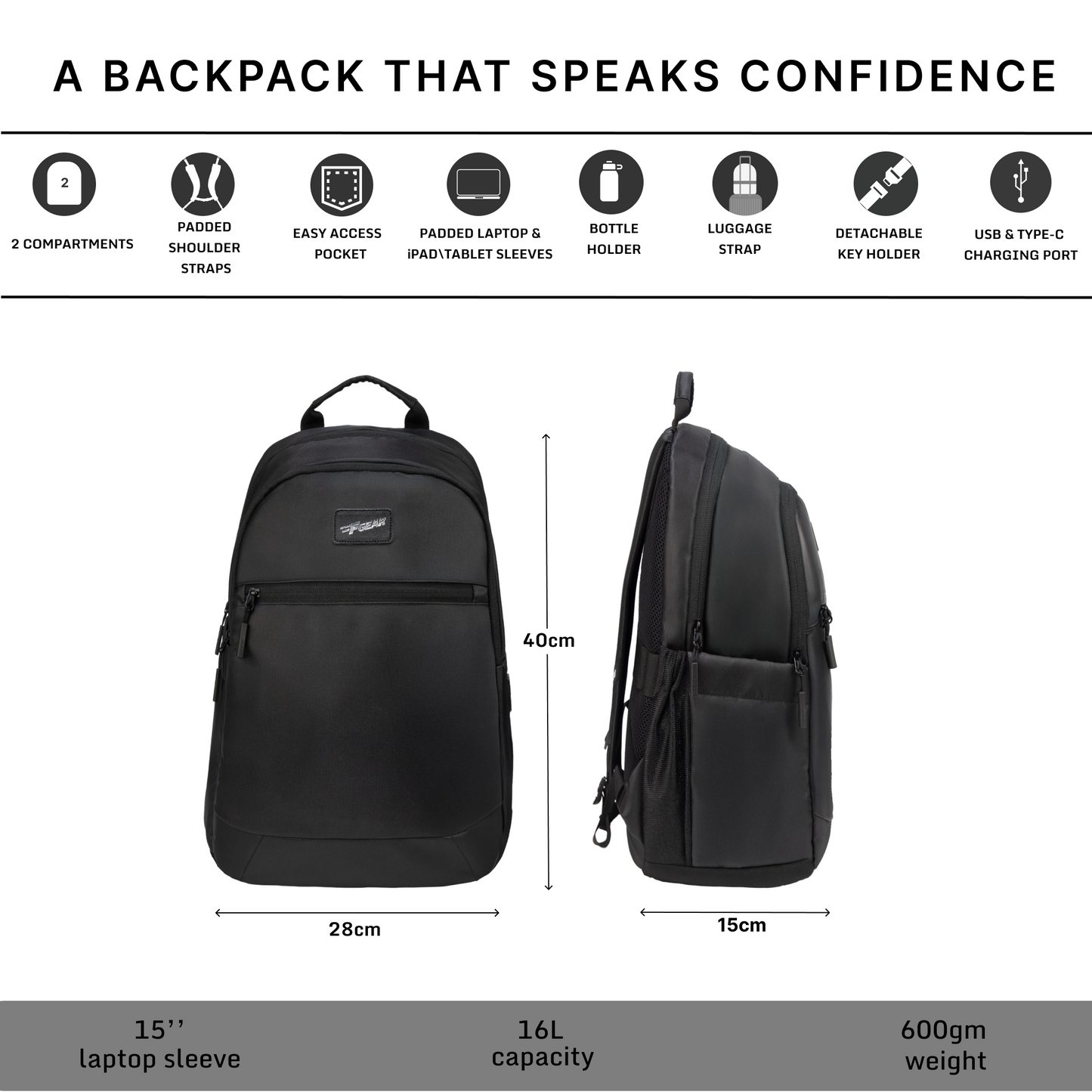 Balanzo 16L Black Laptop Backpack