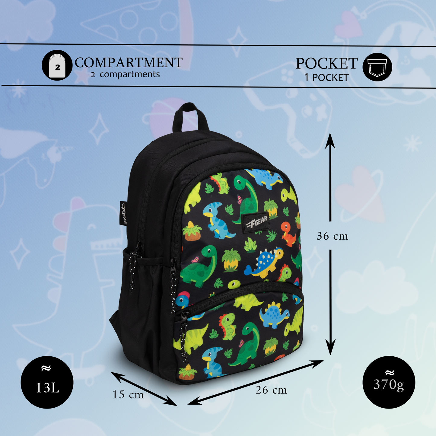 Brio  13L Black Colourful Dino Kids Backpack