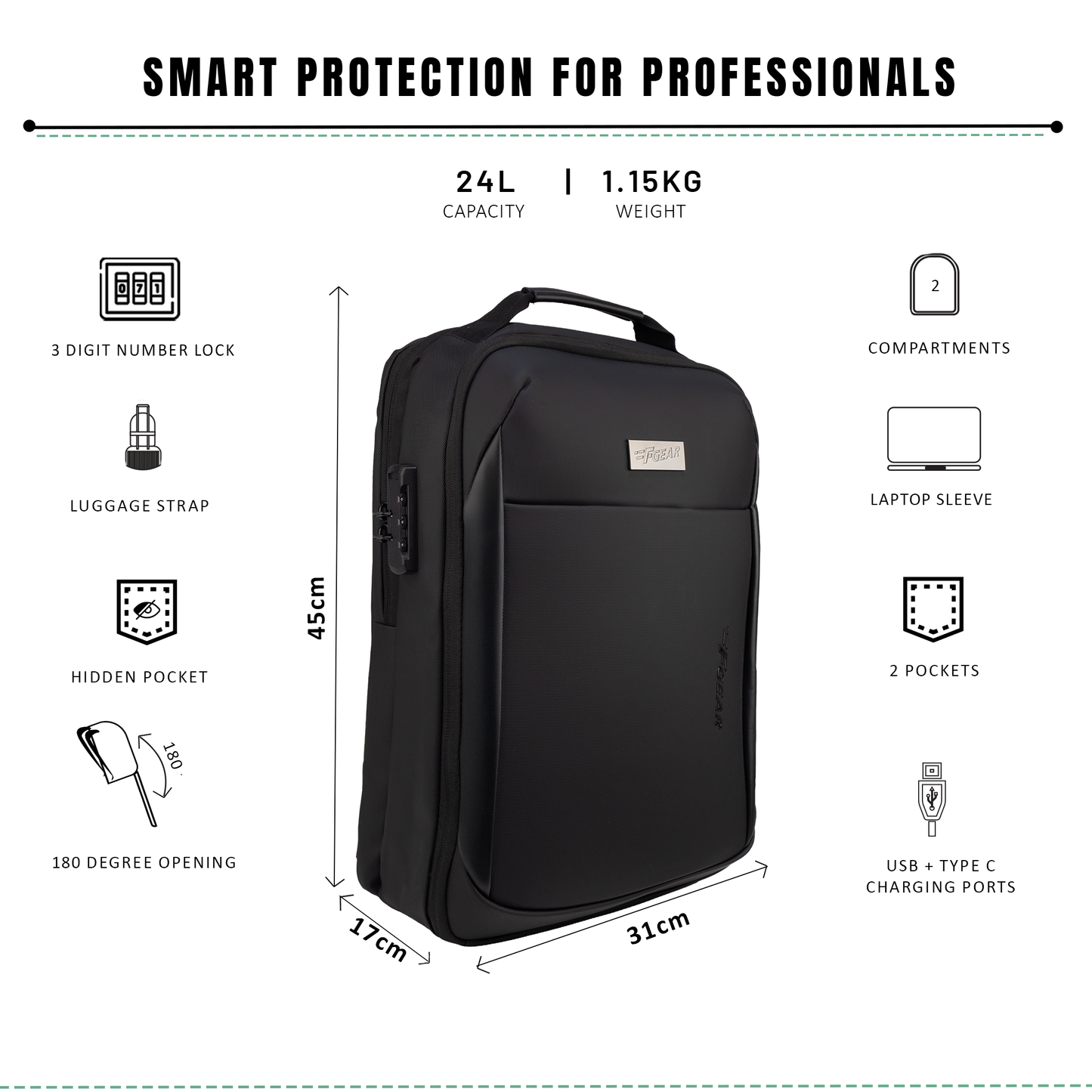 Phoenyx 24L Black Laptop Backpack