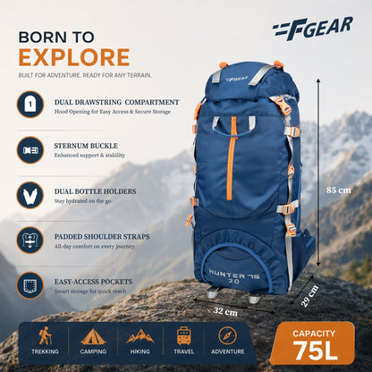 F Gear Hunter 75 2.0 Mettale Blue 75L Rucksack Trekking Backpack with Inbuilt Rain Cover