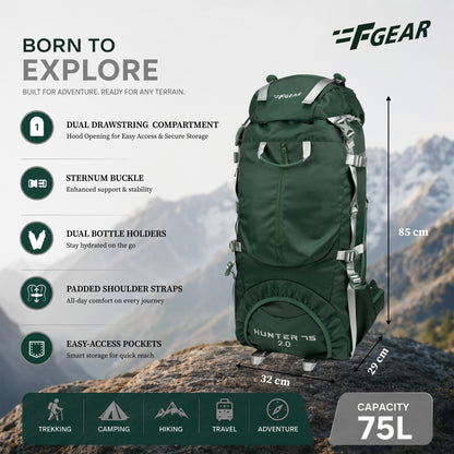 F Gear Hunter 75 2.0 Spruce Green 75L Rucksack Trekking Backpack with Inbuilt Rain Cover