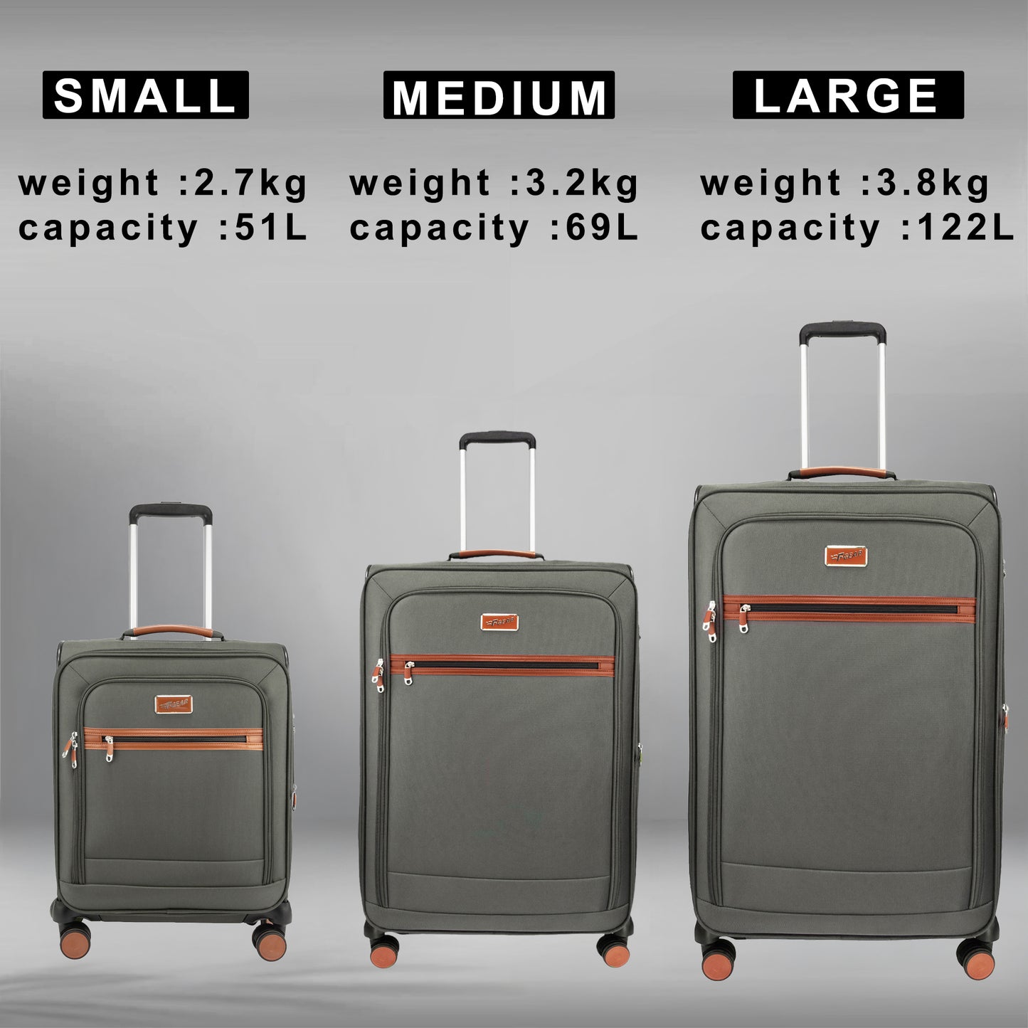 F Gear SoftAir Grey Set of 3 Suitcases