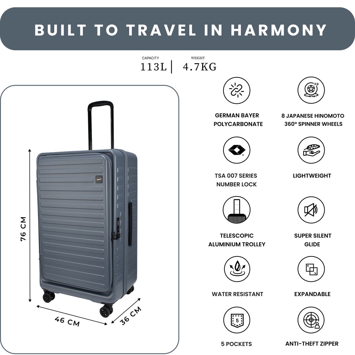 Windsor Stone Blue 76 cms Large Front Opening Trunk-Style Check-in Strolley with Expander