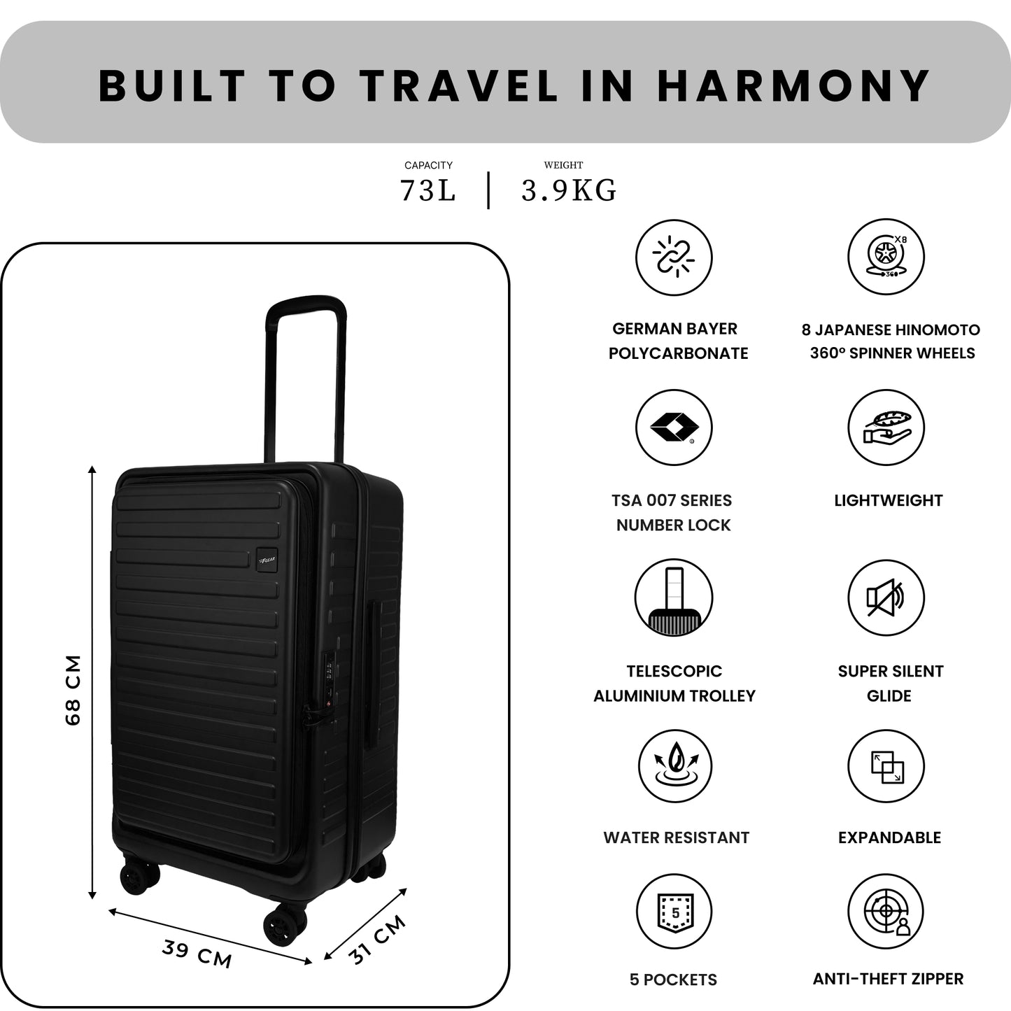 Windsor Black 68 cms Medium Front Opening Trunk-Style Check-in Strolley with Expander