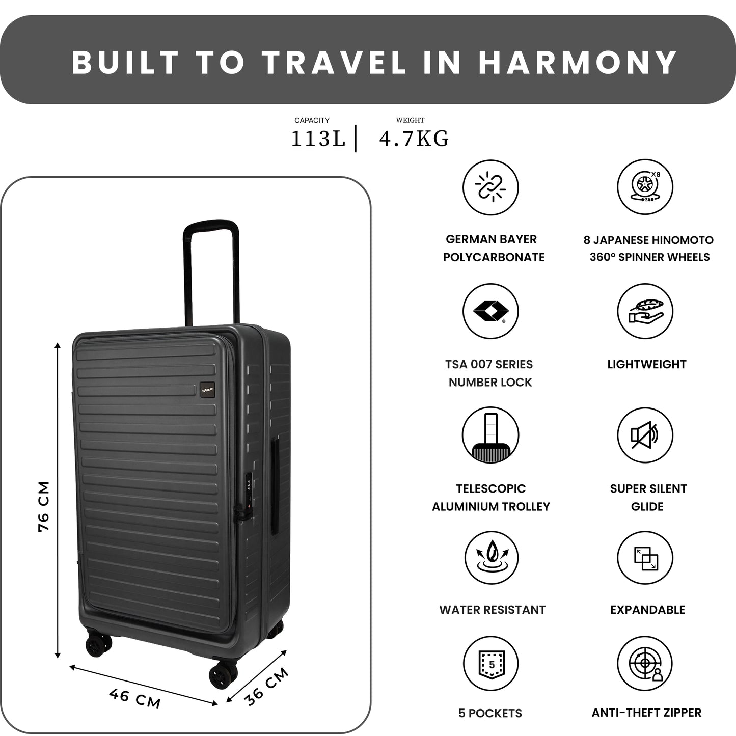Windsor Steel Grey 76 cms Large Front Opening Trunk-Style Check-in Strolley with Expander