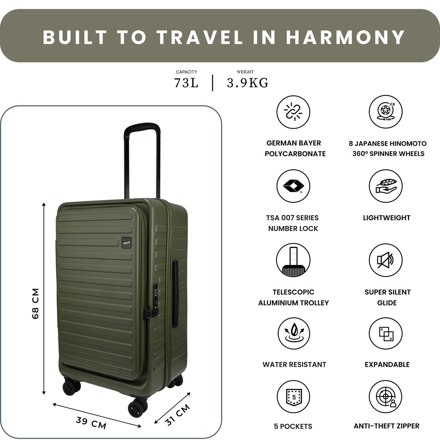 Windsor Army Green 68 cms Medium Front Opening Trunk-Style Check-in Strolley with Expander
