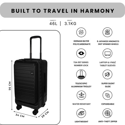 Windsor Black 56 cms Small Front Opening Trunk-Style Cabin Strolley with Laptop & Tablet Sleeves & Expander