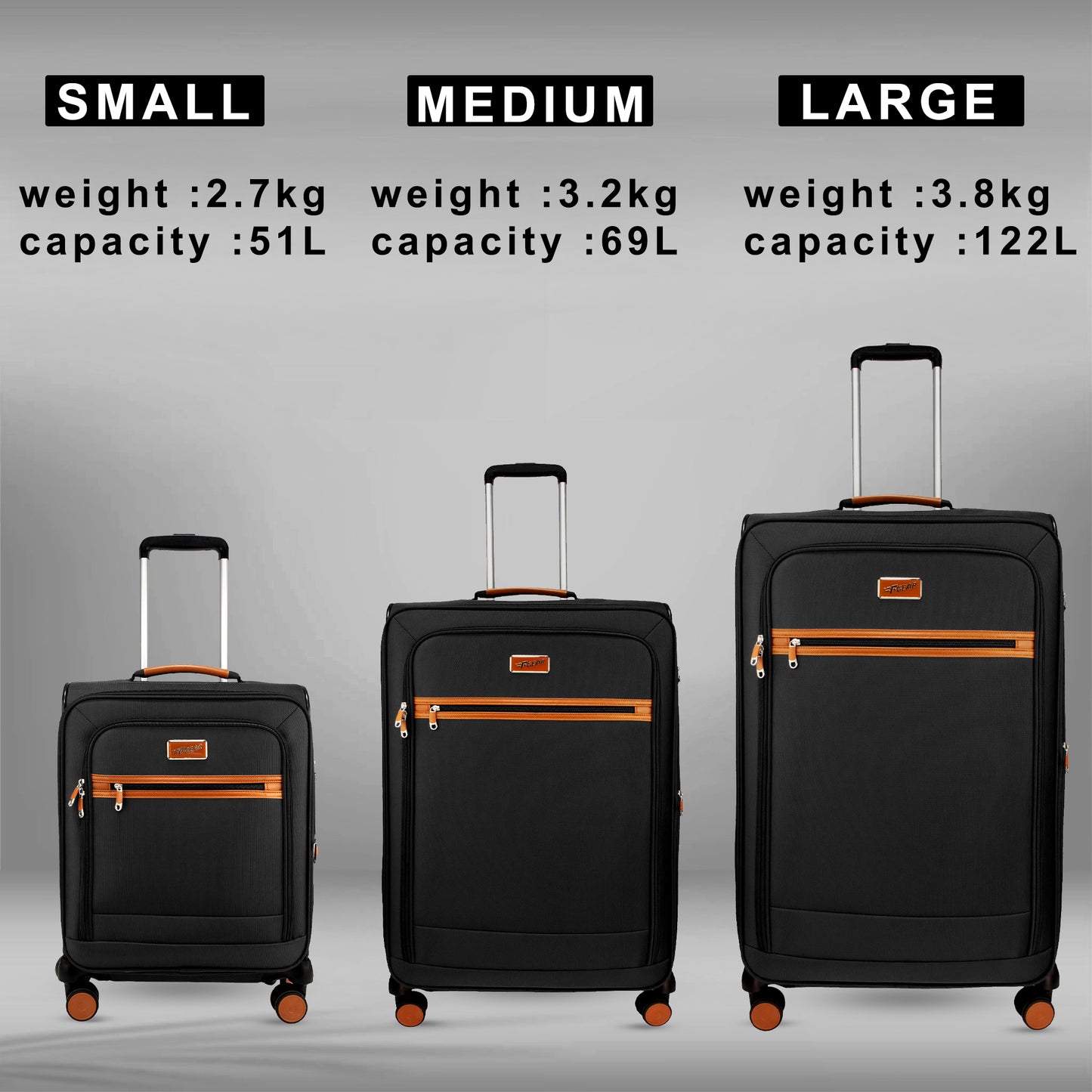 F Gear SoftAir Black Set of 3 Suitcases