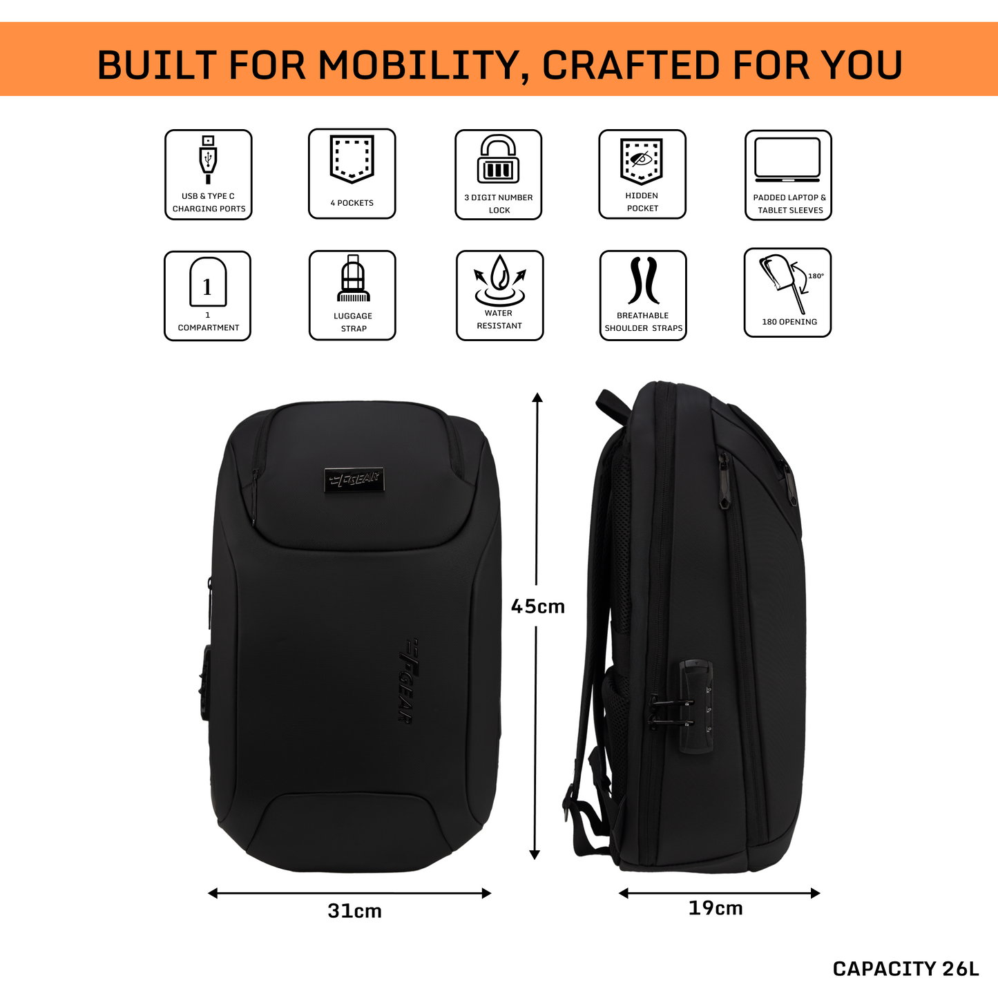 Phantom 26L Black Laptop Backpack