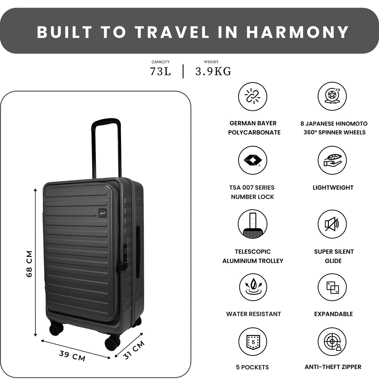 Windsor Steel Grey 68 cms Medium Front Opening Trunk-Style Check-in Strolley with Expander
