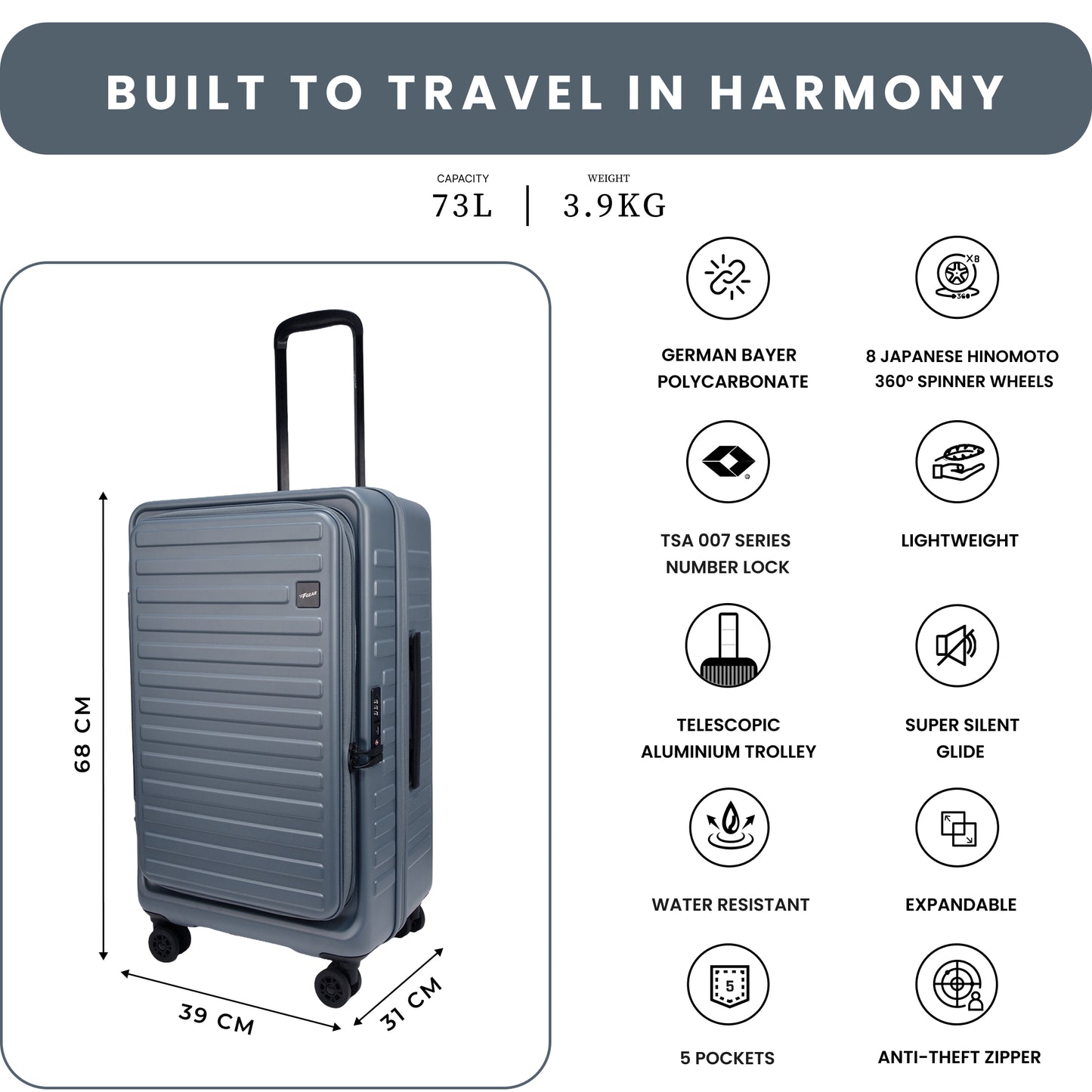 Windsor Stone Blue 68 cms Medium Front Opening Trunk-Style Check-in Strolley with Expander