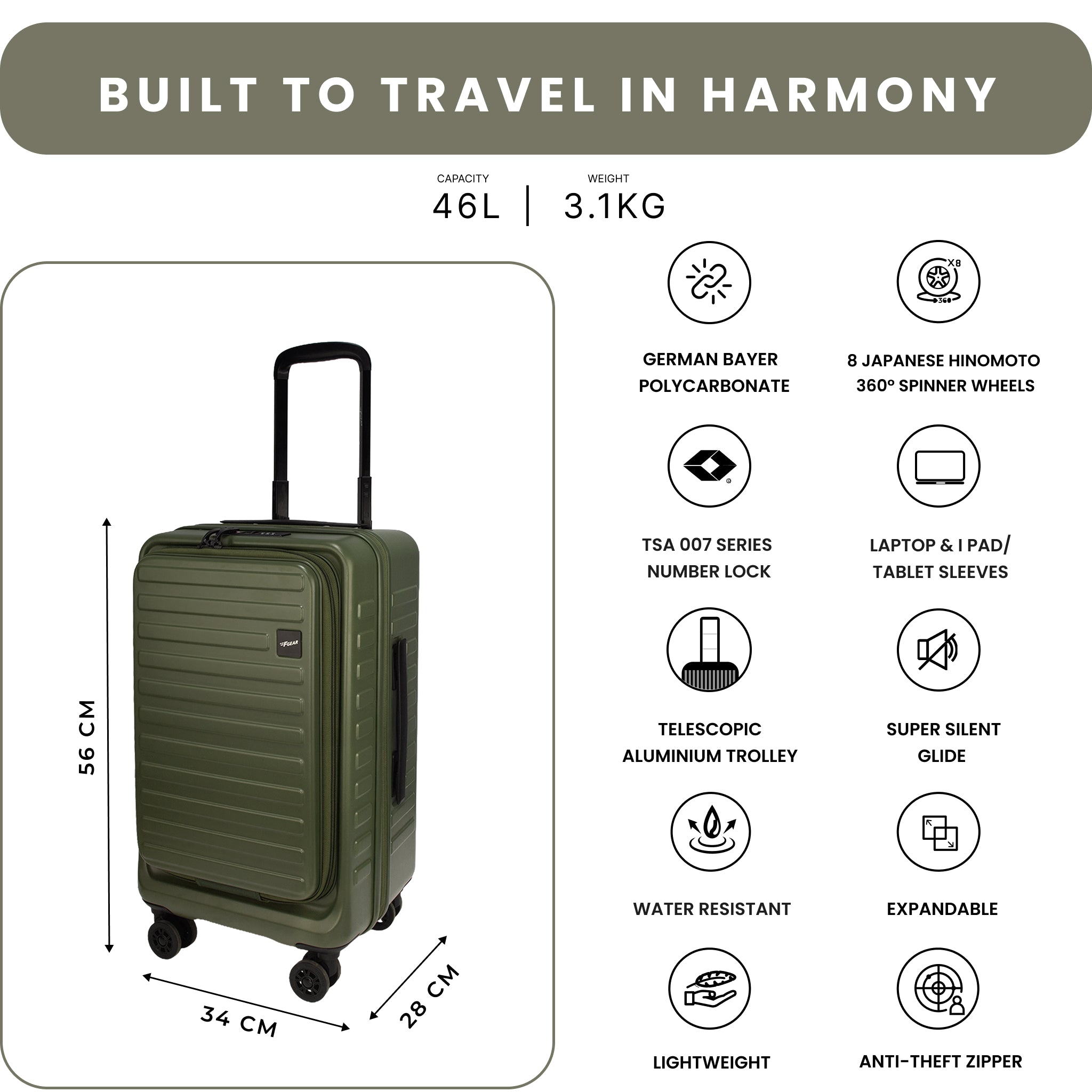 Windsor 56 cm Army Green Front-Opening Strolley | F Gear – FGEAR.in