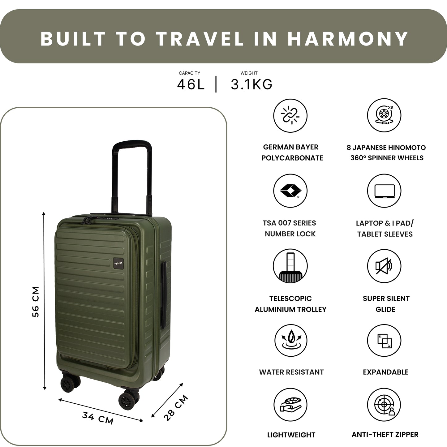 Windsor Army Green 56 cms Small Front Opening Trunk-Style Cabin Strolley with Laptop & Tablet Sleeves & Expander