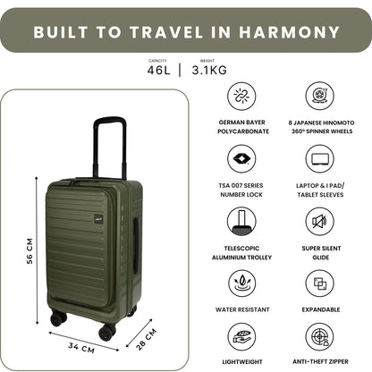 Windsor Army Green 56 cms Small Front Opening Trunk-Style Cabin Strolley with Laptop & Tablet Sleeves & Expander