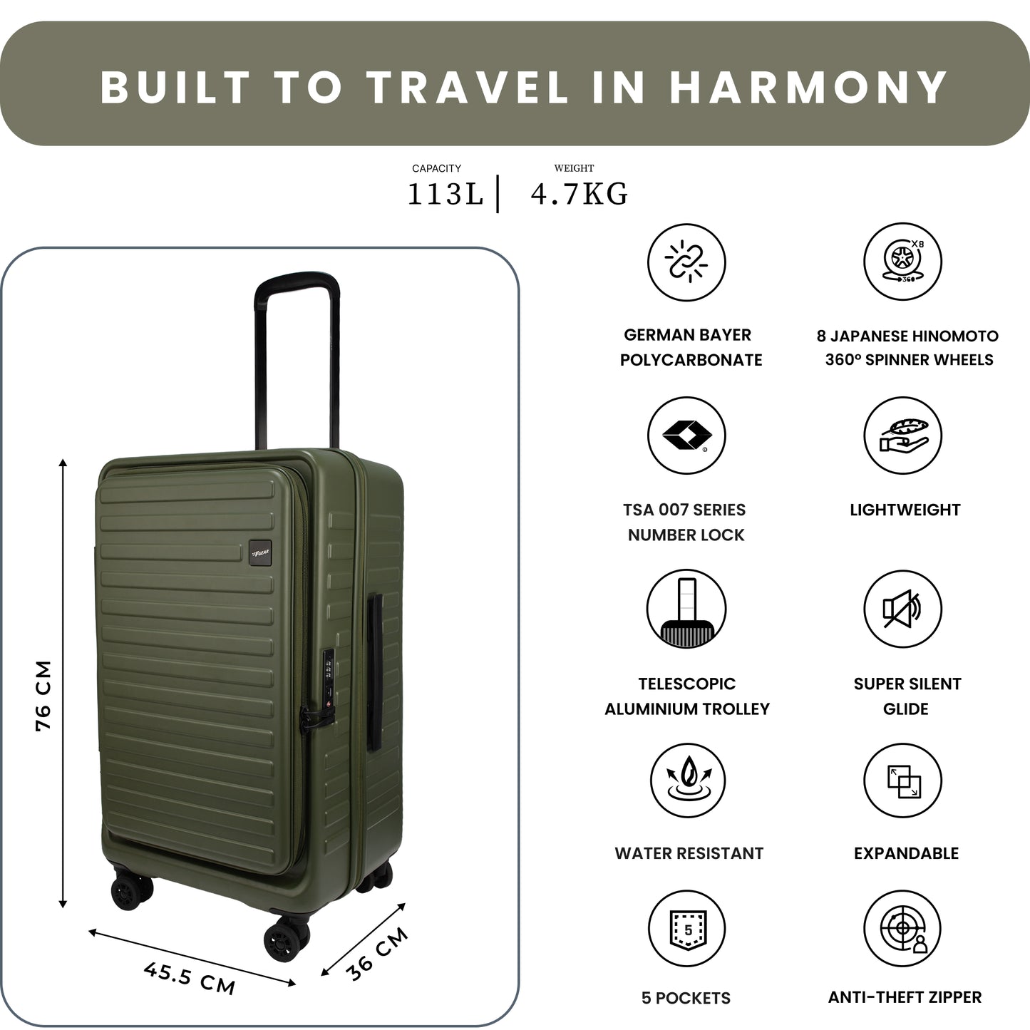 Windsor Army Green 76 cms Large Front Opening Trunk-Style Check-in Strolley with Expander