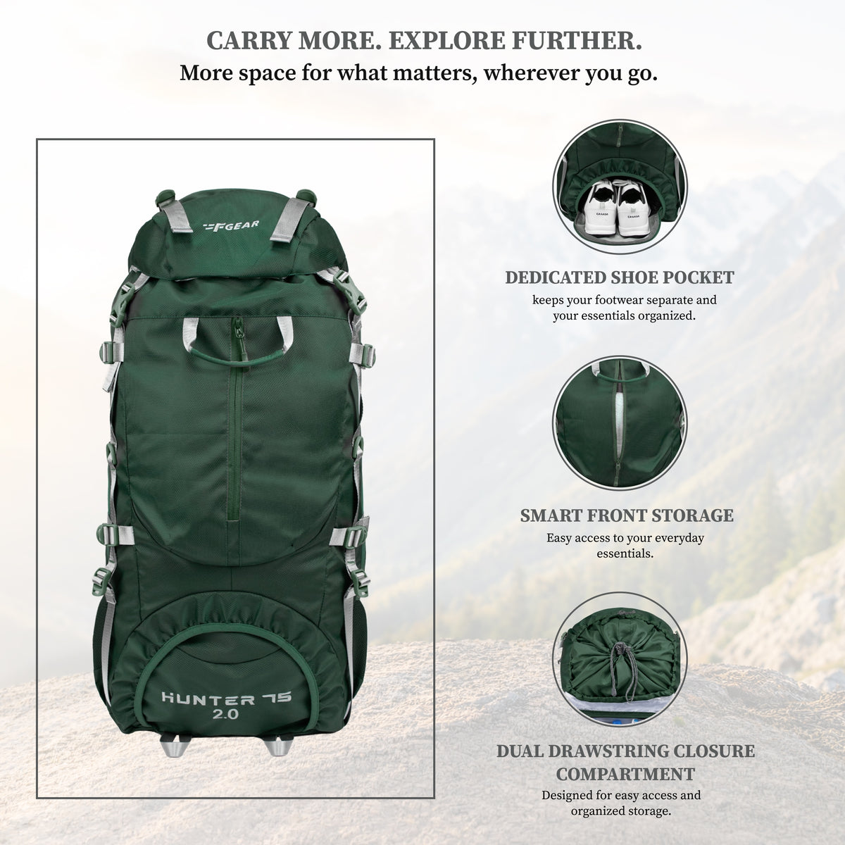 F Gear Hunter 75 2.0 Spruce Green 75L Rucksack Trekking Backpack with Inbuilt Rain Cover