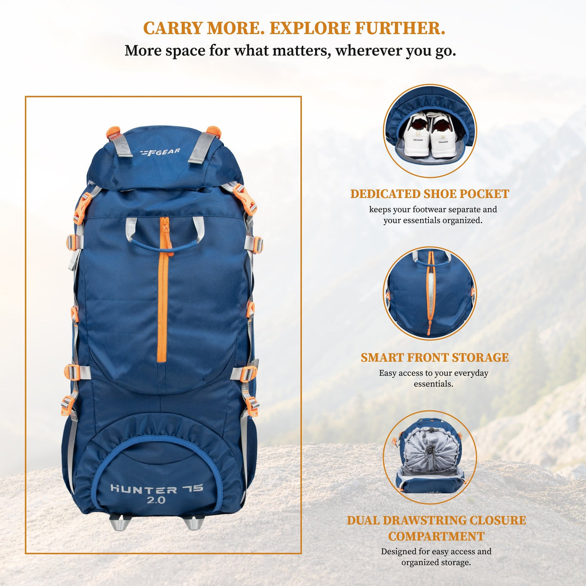 F Gear Hunter 75 2.0 Mettale Blue 75L Rucksack Trekking Backpack with Inbuilt Rain Cover