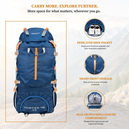 F Gear Hunter 75 2.0 Mettale Blue 75L Rucksack Trekking Backpack with Inbuilt Rain Cover