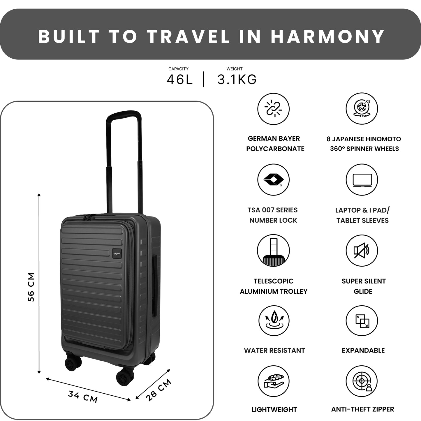 Windsor Steel Grey 56 cms Small Front Opening Trunk-Style Cabin Strolley with Laptop & Tablet Sleeves & Expander