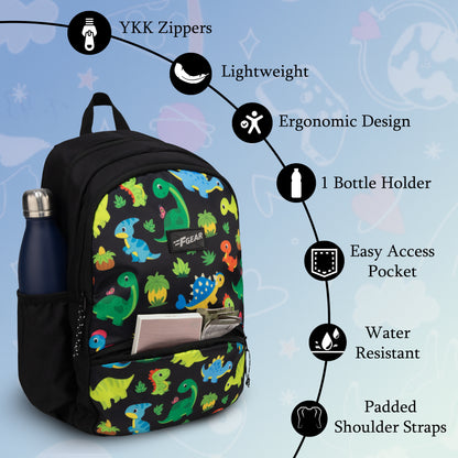 Brio  13L Black Colourful Dino Kids Backpack