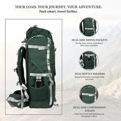 F Gear Hunter 75 2.0 Spruce Green 75L Rucksack Trekking Backpack with Inbuilt Rain Cover