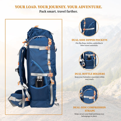 F Gear Hunter 75 2.0 Mettale Blue 75L Rucksack Trekking Backpack with Inbuilt Rain Cover