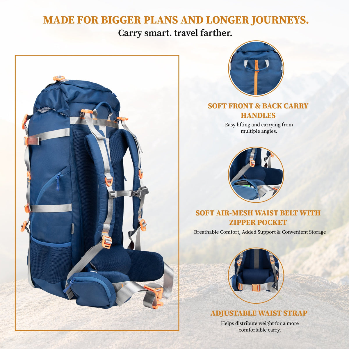 F Gear Hunter 75 2.0 Mettale Blue 75L Rucksack Trekking Backpack with Inbuilt Rain Cover